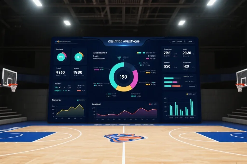 A modern digital interface displaying basketball court analytics, statistics, and performance charts