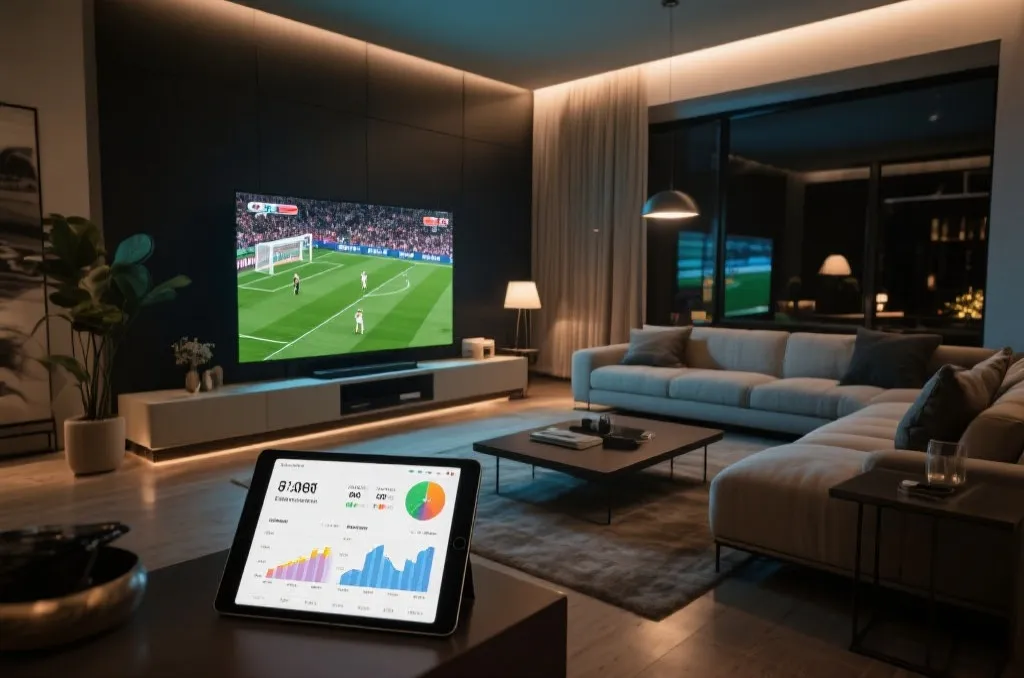 A tablet in the foreground showing real-time match statistics and graphs with a live soccer match on TV in the background